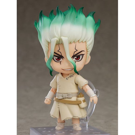 "This is exhilarating!"
From the anime series "Dr. STONE" comes a Nendoroid of the scientist with superhuman intelligence and a wealth of knowledge, Senku Ishigami! His characteristic hairstyle and unique outfit has been carefully recreated in Nendoroid form! He comes with three face plates, including a standard expression, his serious expression for conducting experiments, and his mischievous laughing expression.

He comes with a clay jar of stone formula, a glass bottle of medicine, and a stick of cott