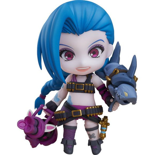 "Rules are made to be broken..."

From the globally popular game "League of Legends" comes a Nendoroid of Jinx, the Loose Cannon! She comes with three face plates including a standard expression, a delighted expression and a more mischievous expression for when she's getting ready to wreak some havoc.

Optional parts include Fishbones, her rocket launcher, and Pow-Pow, her minigun. An explosion effect sheet to display her using her Super Mega Death Rocket is included as well! Enjoy posing her taking dow