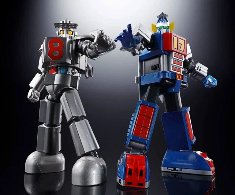 PRE-ORDER - Expected to ship in April 2027. 

The brother robots appear in a special box celebrating the 50th anniversary!! The Soul of Chogokin version of Daitetsujin 17 (One-Seven), originally broadcast from March 1977, appears in a commemorative set for the 50th anniversary together with its younger brother robot, One-Eight! 7.1 inches tall (18cm).

Includes:
Daitetsujin 17 figure
Pair of interchangeable hands
2 Submachine guns
Sigcon Jet
Sigcon Tank
Graviton unit
Daitetsujin 18 figure
Pair of interchang