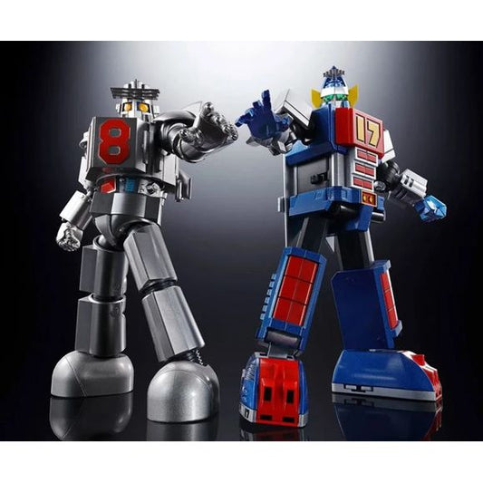 PRE-ORDER - Expected to ship in April 2027. 

The brother robots appear in a special box celebrating the 50th anniversary!! The Soul of Chogokin version of Daitetsujin 17 (One-Seven), originally broadcast from March 1977, appears in a commemorative set for the 50th anniversary together with its younger brother robot, One-Eight! 7.1 inches tall (18cm).

Includes:
Daitetsujin 17 figure
Pair of interchangeable hands
2 Submachine guns
Sigcon Jet
Sigcon Tank
Graviton unit
Daitetsujin 18 figure
Pair of interchang