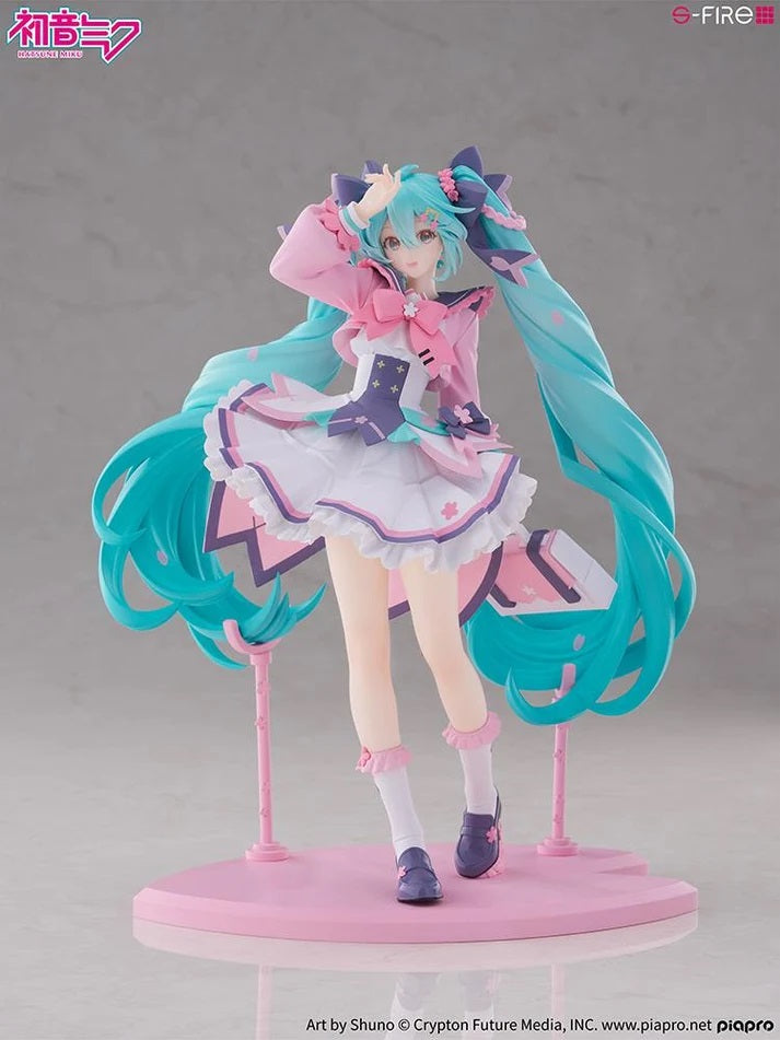 <p><strong>PRE-ORDER: Expected to ship in October of 2027.</strong></p>

<p>Celebrate the beginning of a new season with the <strong>Hatsune Miku New School Term Figure</strong> from S-FIRE!</p>

<p>Based on <strong>Shuno's grand prize-winning design</strong> from the Hatsune Miku New School Term costume design contest, this beautiful figure captures Miku in a bright spring-inspired outfit filled with delicate cherry blossom details.</p>

<p>Standing approximately <strong>9.06 inches (23 cm) tall</strong>,
