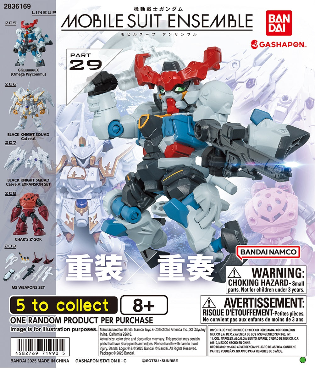 Expand your collection with Mobile Suit Gundam Mobile Suit Ensemble Part 29 from Bandai! The Mobile Suit Ensemble series transforms iconic Mobile Suits into compact, articulated figures with interchangeable weapons and equipment, making them perfect for posing, displaying, and customizing.

Part 29 features an especially varied Gundam lineup, headlined by GQuuuuuuX (Omega Psycommu) from Mobile Suit Gundam GQuuuuuuX. The assortment also includes the Black Knight Squad Cal-re.A from Mobile Suit Gundam SEED Fr