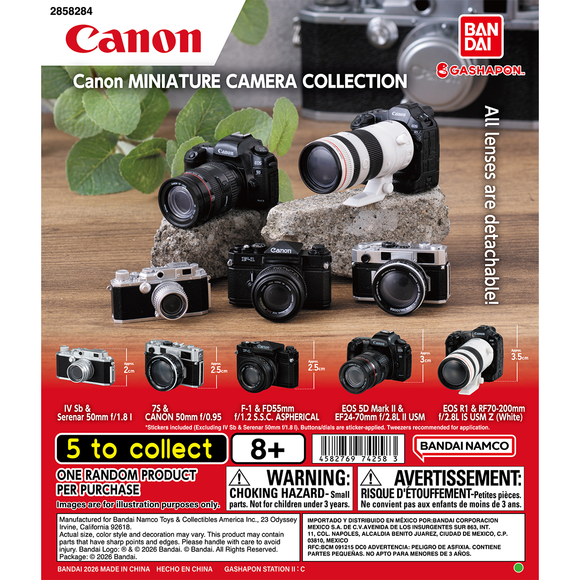 <p>Canon Miniature Camera Collection is a Bandai Gashapon series of officially licensed miniature Canon cameras.</p>

<p>The lineup recreates famous Canon models across the decades: the IV Sb with Serenar 50mm F1.8, the 7S with 50mm F0.95, the F-1 with FD 55mm F1.2 S.S.C. Aspherical, the EOS 5D Mark II with EF 24-70mm F2.8L, and the EOS R1 with the white RF 70-200mm F2.8L. A great pick for camera fans and collectors.</p>

<p>Each purchase is for 1 random capsule from the assortment of 5 designs. Designs can