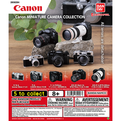 <p>Canon Miniature Camera Collection is a Bandai Gashapon series of officially licensed miniature Canon cameras.</p>

<p>The lineup recreates famous Canon models across the decades: the IV Sb with Serenar 50mm F1.8, the 7S with 50mm F0.95, the F-1 with FD 55mm F1.2 S.S.C. Aspherical, the EOS 5D Mark II with EF 24-70mm F2.8L, and the EOS R1 with the white RF 70-200mm F2.8L. A great pick for camera fans and collectors.</p>

<p>Each purchase is for 1 random capsule from the assortment of 5 designs. Designs can