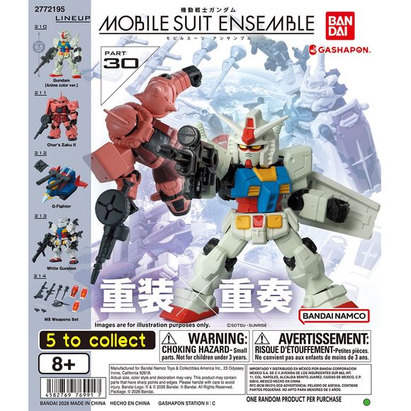 Build out your Gundam collection with Mobile Suit Ensemble Part 30 from Bandai Gashapon! This highly detailed capsule figure series features iconic mobile suits and accessories from the legendary Gundam universe, designed with the Mobile Suit Ensemble line’s signature articulation and mix-and-match customization system.

This lineup includes Gundam (Anime Color Ver.), Char’s Zaku II, G-Fighter, White Gundam, and an MS Weapons Set packed with extra gear and accessories for expanded display options. Each mini