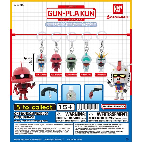 Gundam Gun-Pla-Kun Personal Marker Charm Gashapon

Take a little Gunpla fun with you wherever you go! The Gundam Gun-Pla-Kun Personal Marker Charm collection from Bandai features adorable miniature versions of Gun-Pla-Kun and friends as collectible charms.

There are 5 designs to collect:

Gun-Pla-Kun
Char-Zaku-Kun
Zaku-Pla-Kun
GM-Pla-Kun
ν (Nu) Gun-Pla-Kun

Each character measures approximately 3 cm (1.2 in.) and comes with a ring and clasp. Attach them to bags, backpacks, pouches, keys, water bottles, umb