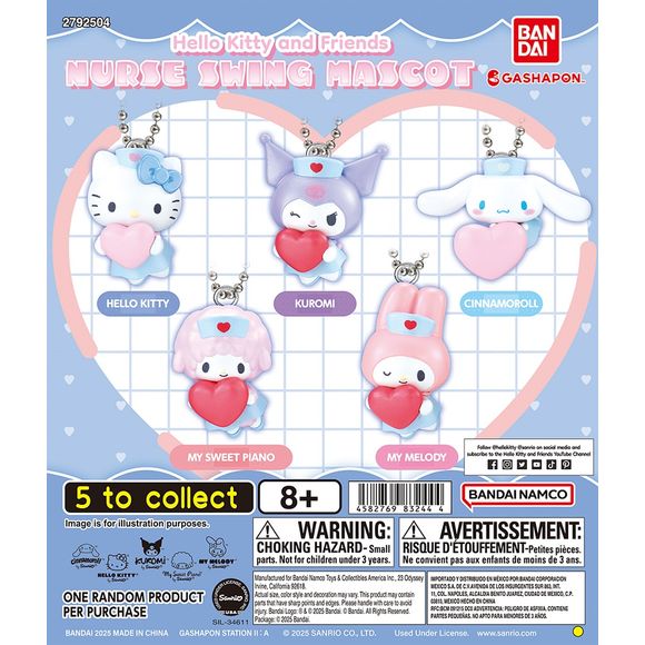 Care for your collection with the adorable Hello Kitty & Friends Nurse Swing Mascot Collection! This charming series features your favorite Sanrio characters dressed in cute nurse outfits, each holding a heart accessory for an extra dose of sweetness.

Characters like Hello Kitty, Kuromi, Cinnamoroll, My Melody, and My Sweet Piano are reimagined in soft pastel colors with a gentle, comforting theme. Each figure includes a ball chain, making it perfect for attaching to bags, keys, or displaying as part of a