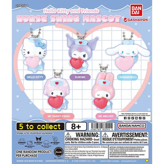 Care for your collection with the adorable Hello Kitty & Friends Nurse Swing Mascot Collection! This charming series features your favorite Sanrio characters dressed in cute nurse outfits, each holding a heart accessory for an extra dose of sweetness.

Characters like Hello Kitty, Kuromi, Cinnamoroll, My Melody, and My Sweet Piano are reimagined in soft pastel colors with a gentle, comforting theme. Each figure includes a ball chain, making it perfect for attaching to bags, keys, or displaying as part of a
