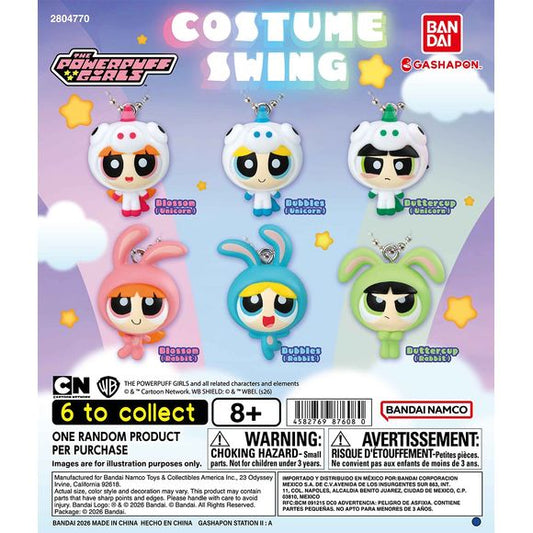 Dress up the Powerpuff Girls in adorable animal costumes with The Powerpuff Girls Costume Swing Gashapon from Bandai! This colorful collection features Blossom, Bubbles, and Buttercup wearing cute unicorn and rabbit costumes, each designed as a miniature hanging mascot.

Every figure includes a ball-chain attachment, making them perfect for decorating keys, bags, backpacks, pouches, or displaying alongside your Powerpuff Girls collection.

There are 6 styles to collect:

Blossom – Unicorn
Bubbles – Unicorn