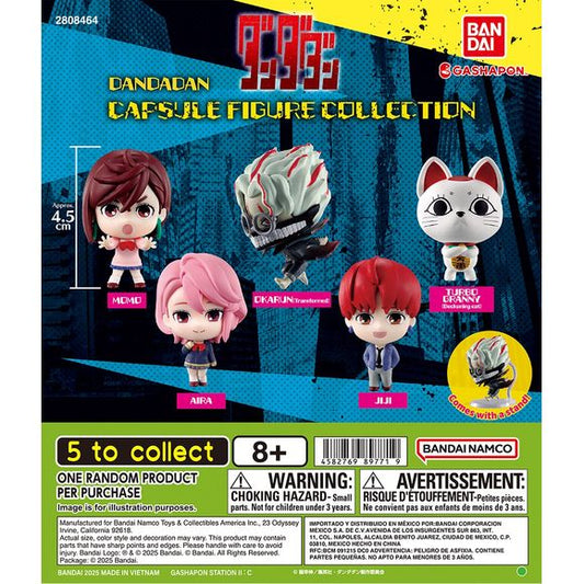 Bring the supernatural action of DAN DA DAN to your collection with the Capsule Figure Collection from Bandai Gashapon!

This assortment features five fan-favorite characters recreated as compact chibi-style figures with detailed expressions and poses. The transformed Okarun figure even includes its own display stand for a more dynamic presentation. Includes 1 randomly selected figure.

5 designs to collect:

Momo
Okarun (Transformed)
Turbo Granny (Beckoning Cat)
Aira
Jiji