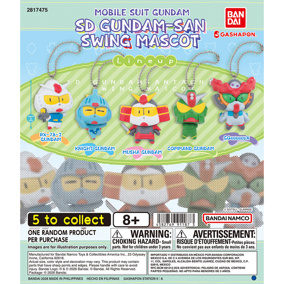 <p>SD Gundam-san Tachi Swing Mascot is a Mobile Suit Gundam Gashapon capsule series from Bandai.</p>

<p>The lineup features chibi SD-style mascots of the RX-78-2 Gundam, Knight Gundam, Musha Gundam, Command Gundam and GQuuuuuuX. Each is a swing-style hanging mascot charm, perfect for bags and keys.</p>

<p>Each purchase is for 1 random capsule from the assortment of 5 designs. Designs cannot be selected.</p>