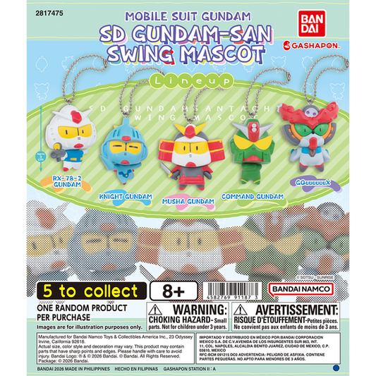 <p>SD Gundam-san Tachi Swing Mascot is a Mobile Suit Gundam Gashapon capsule series from Bandai.</p>

<p>The lineup features chibi SD-style mascots of the RX-78-2 Gundam, Knight Gundam, Musha Gundam, Command Gundam and GQuuuuuuX. Each is a swing-style hanging mascot charm, perfect for bags and keys.</p>

<p>Each purchase is for 1 random capsule from the assortment of 5 designs. Designs cannot be selected.</p>