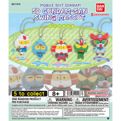 <p>SD Gundam-san Tachi Swing Mascot is a Mobile Suit Gundam Gashapon capsule series from Bandai.</p>

<p>The lineup features chibi SD-style mascots of the RX-78-2 Gundam, Knight Gundam, Musha Gundam, Command Gundam and GQuuuuuuX. Each is a swing-style hanging mascot charm, perfect for bags and keys.</p>

<p>Each purchase is for 1 random capsule from the assortment of 5 designs. Designs cannot be selected.</p>