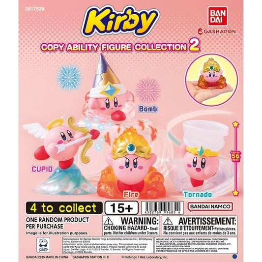 Power up your Kirby collection with the Kirby Copy Ability Figure Collection 2 from Bandai! This colorful Gashapon series features Kirby showing off four different Copy Abilities, complete with unique costumes, poses, and translucent effect parts that bring each ability to life.

There are 4 different Kirby figures to collect:

Cupid – Kirby takes flight with angel wings, bow, and arrow
Bomb – Kirby dons his explosive jester-style Bomb hat
Fire – Kirby powers up with fiery translucent effect parts
Tornado –