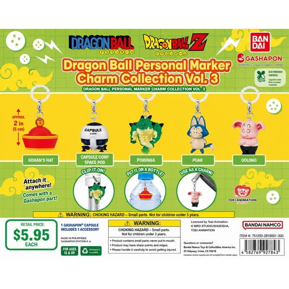 Bring a piece of the Dragon Ball universe wherever you go with the Dragon Ball Personal Marker Charm Collection Vol. 3! This fun and collectible series features iconic characters and items transformed into miniature marker charms that can be attached to bags, water bottles, umbrellas, keychains, pouches, and more.

Each charm is designed with colorful details and compact sizing, making it easy to personalize everyday items while showing off your love for Dragon Ball. Whether you're collecting your favorite