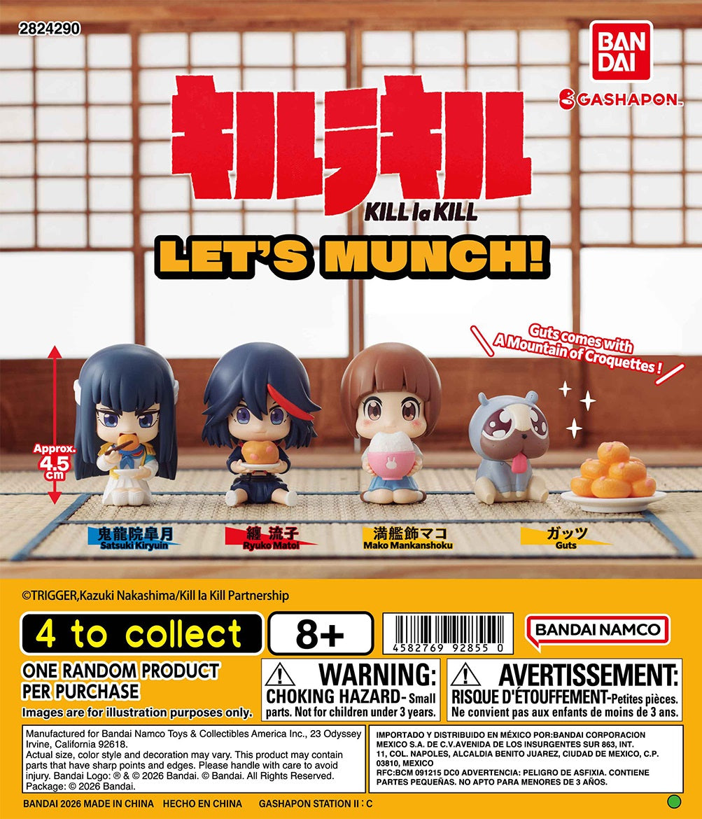 Dig into a fun food-themed collection with the Kill la Kill Let’s Munch!! figure series from Bandai Gashapon!

This assortment features characters from Kill la Kill enjoying snacks and treats in cute chibi-style poses. Each figure stands approximately 4.5 cm tall and is designed as a compact collectible perfect for desks, shelves, or anime displays.

4 designs to collect:

Satsuki Kiryuin
Ryuko Matoi
Mako Mankanshoku
Guts

Guts even comes with a separate plate piled high with croquettes for an extra playful