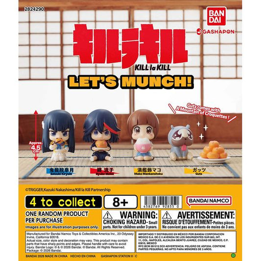 Dig into a fun food-themed collection with the Kill la Kill Let’s Munch!! figure series from Bandai Gashapon!

This assortment features characters from Kill la Kill enjoying snacks and treats in cute chibi-style poses. Each figure stands approximately 4.5 cm tall and is designed as a compact collectible perfect for desks, shelves, or anime displays.

4 designs to collect:

Satsuki Kiryuin
Ryuko Matoi
Mako Mankanshoku
Guts

Guts even comes with a separate plate piled high with croquettes for an extra playful