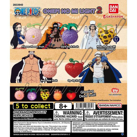 Collect some of the most iconic Devil Fruits from One Piece with the Onepi no Mi Light 2 collection from Bandai! This Gashapon series transforms Devil Fruits into miniature keychain mascots featuring detailed shapes, textures, and colors inspired by their appearances in the series.

Even better, each Devil Fruit lights up, creating a colorful glowing effect that's perfect for showing off your favorite powers.

There are 5 Devil Fruits to collect:

Flower-Flower Fruit (Hana Hana no Mi) – Nico Robin
Dark-Dark