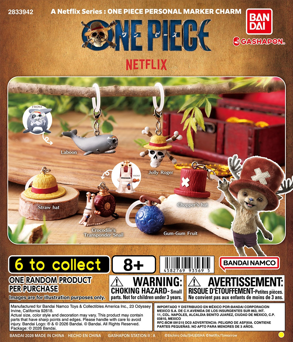 Netflix ONE PIECE Personal Marker Charm Gashapon

Bring a little piece of the Grand Line with you with the Netflix ONE PIECE Personal Marker Charm collection from Bandai! Inspired by the live-action Netflix series, this Gashapon assortment turns recognizable items and creatures from the adventure into miniature collectible charms.

There are 6 designs to collect:

Laboon
Straw Hat
Jolly Roger
Crocodile’s Transponder Snail
Gum-Gum Fruit
Chopper’s Hat

Each miniature comes with a ring and clasp, making it eas