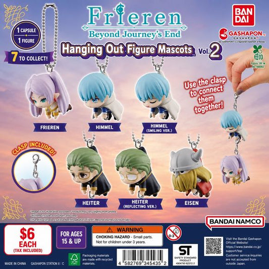 Take your favorite characters from Frieren: Beyond Journey's End wherever you go with the Hanging Out Figure Mascots Vol. 2 collection from Bandai Gashapon! These adorable chibi-style mascot figures are designed with a unique hanging pose and include both a ball chain and connecting clasp, making them perfect for backpacks, keyrings, ita bags, or displaying together.

Collect beloved members of Frieren's party and recreate the charm of the series with these highly detailed mini mascots.