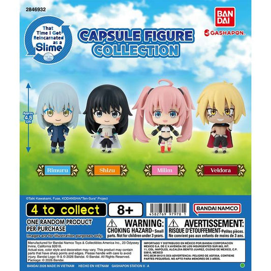 Bring the world of That Time I Got Reincarnated as a Slime to your collection with this adorable Capsule Figure Collection from Bandai Gashapon!

This assortment features four popular characters recreated in cute chibi-style figure form, each standing approximately 4.5 cm tall. With recognizable outfits and expressive designs, these compact figures are perfect for desks, shelves, or anime displays.

4 designs to collect:

Rimuru
Shizu
Milim
Veldora

Please note: Each capsule contains one random style. Speci