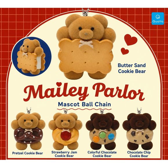 Bring a touch of sweetness wherever you go with the Mailey Parlor Cookie Bear Mascot Ball Chain Collection! These adorable teddy bear mascots are inspired by delicious bakery treats and feature soft, flocked-style finishes paired with charming cookie-themed designs. Each bear comes attached to a convenient ball chain, making it perfect for decorating bags, backpacks, purses, keys, or displaying as a collectible charm.

The assortment includes five delightful designs: Butter Sandwich Cookie Bear, Pretzel Coo
