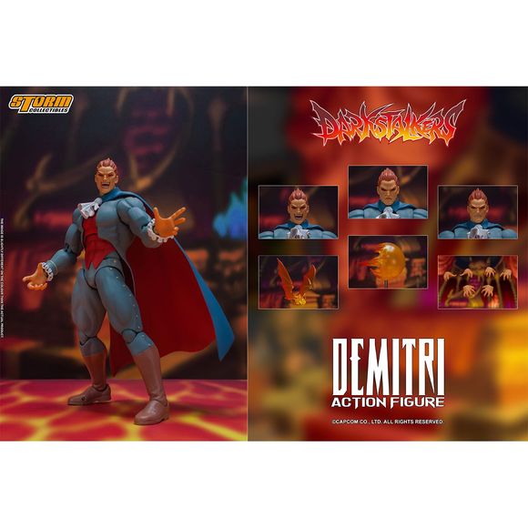 Storm Collectibles proudly presents our new license from Capcom's legendary fighting game series; DARKSTALKERS. DEMITRI MAXIMOFF is one of the most dangerous vampires who first appeared in Darkstalkers. He is a villainous and power-hungry vampire who, like Dracula, sees humanity as an inferior race and only cares for their blood. Features: - 3 x Interchanging Head Sculpts - 3 x Pair of Hands - 1 x Fire Ball Effect - 1 x Demitri's Bat