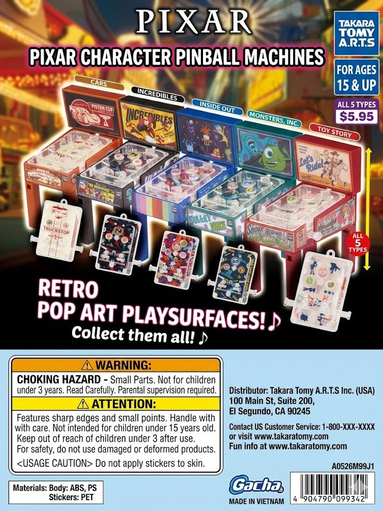 Bring the magic of the movies to your desktop with these officially licensed PIXAR Character Pinball Machines! Each gacha ball contains one surprise, miniature pinball machine featuring your favorite characters from iconic films like Cars, The Incredibles, Inside Out, Monsters, Inc., and Toy Story.

Perfect for display or a quick desk-break game, these retro-inspired designs pack big fun into a compact size.

You will receive 1 random gacha ball with toy inside.