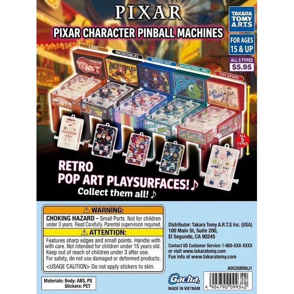 Bring the magic of the movies to your desktop with these officially licensed PIXAR Character Pinball Machines! Each gacha ball contains one surprise, miniature pinball machine featuring your favorite characters from iconic films like Cars, The Incredibles, Inside Out, Monsters, Inc., and Toy Story.

Perfect for display or a quick desk-break game, these retro-inspired designs pack big fun into a compact size.

You will receive 1 random gacha ball with toy inside.