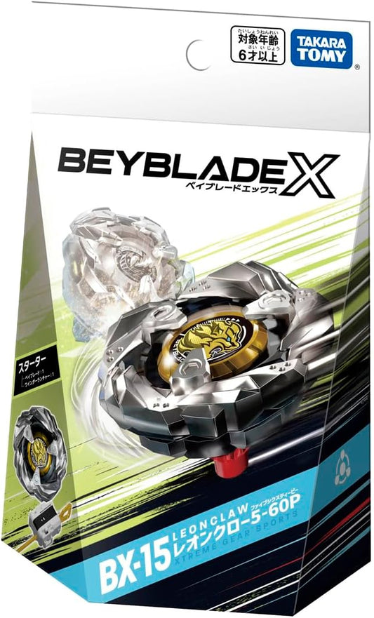 LeonClaw 5-60P is a Balance Type Beyblade released by Takara Tomy.  Includes Blade - LeonClaw. Ratchet 5-60 - The 5-60 Ratchet features 5 identical protrusions at a 6.0 millimeter height. Compared to previous Ratchets, the protrusions of 5-60 are wider.  Bit - Point or P is a Balance Type Bit that features a flat tip with a small ball tip protruding in the center.