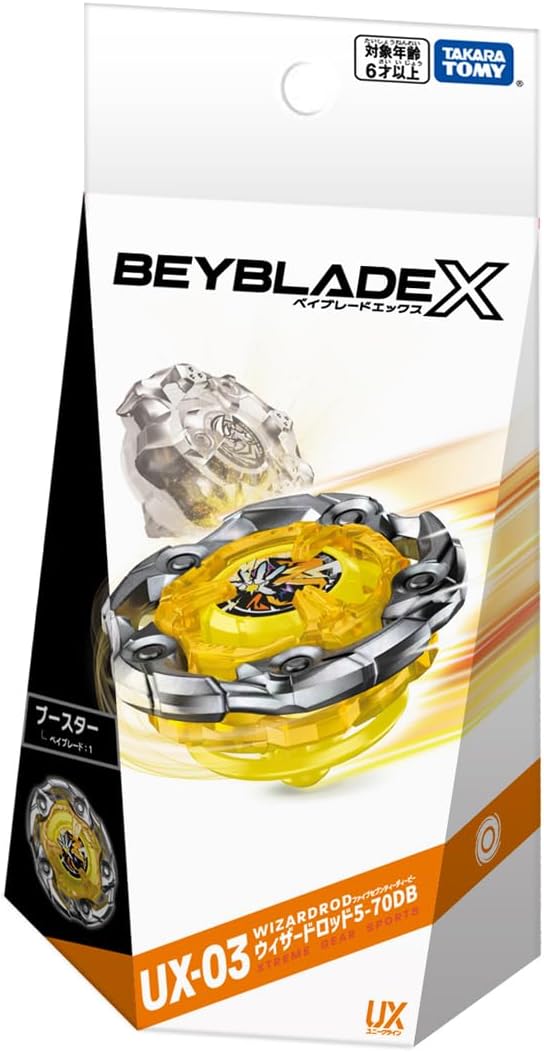 Takara Tomy Beyblade X UX-03 Wizard Rod 5-70DB Booster

Build for endurance with Wizard Rod 5-70DB, a Stamina-focused Beyblade from Takara Tomy’s Beyblade X Unique Line (UX).

UX-03 Wizard Rod 5-70DB is designed to maximize rotational stamina. Its large-diameter Blade places a significant amount of metal toward the outer edge, helping generate strong centrifugal force and maintain spin throughout longer battles. The DB Bit features a ball-shaped tip with a disc-style weight, further emphasizing stability an