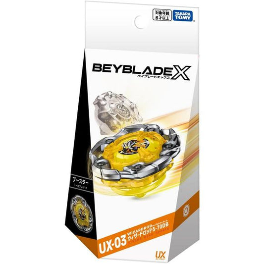 Takara Tomy Beyblade X UX-03 Wizard Rod 5-70DB Booster

Build for endurance with Wizard Rod 5-70DB, a Stamina-focused Beyblade from Takara Tomy’s Beyblade X Unique Line (UX).

UX-03 Wizard Rod 5-70DB is designed to maximize rotational stamina. Its large-diameter Blade places a significant amount of metal toward the outer edge, helping generate strong centrifugal force and maintain spin throughout longer battles. The DB Bit features a ball-shaped tip with a disc-style weight, further emphasizing stability an