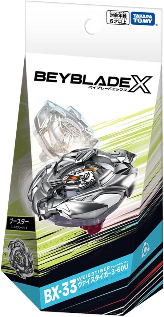 WeissTiger 3-60U is a Balance Type Beyblade released by Takara Tomy.

WeissTiger is a Balance Type Blade with three different sets of three types of blades. The three types of blades are the Attack Type "Upper Blades", the Defense Type "Damper Blades", and the Stamina Type "Smash Blades"[2]. As their names suggest, the "Upper Blades" are intended to give WeissTiger combinations Upper Attack, and the "Smash Blades" are intended to produce Force Smash (downward Smash Attack). The "Damper Blades" have holes be