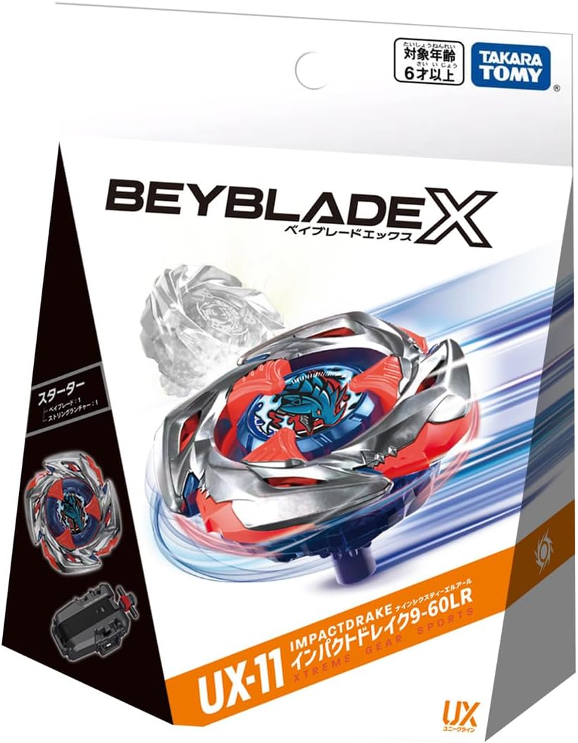 <p>Bring a hard-hitting new Bey into battle with the <strong>Takara Tomy Beyblade X UX-11 Impact Drake 9-60LR Starter Set</strong>!</p>

<p>This official Japanese Beyblade X release features <strong>Impact Drake 9-60LR</strong>, a striking red, silver, and blue Bey with an aggressive dragon-inspired design built for fast-paced battles.</p>

<p>Designed for the Beyblade X battle system, Impact Drake is made to take advantage of high-speed movement and Xtreme Dash action inside a compatible Beyblade X stadium