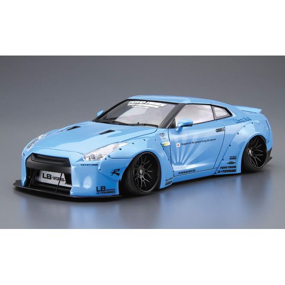 Liberty Walk's newest customization of the R35 GT-R is the car everyone has been waiting for!  It includes a front bumper, rear diffuser, front and rear fenders, rear wings, and Forge Art Maglia 20-inch wheels.  Build this beauty for your very own! Painting and adhesive required for assembly.

[Mold Color]: Black, white
[Includes]: Clear parts, decal sheet, chrome-plated parts
