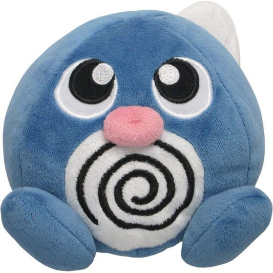 Poliwag resembles a blue, spherical tadpole. It has large eyes and pink lips. There is a black and white swirl on its abdomen, which are actually its internal organs showing through its semitransparent skin. The swirl looks clearer after it eats, and the skin is very elastic so that it will not break if the Pokémon is bitten. The direction of the belly spiral differs by area, with the equator being thought to have an effect on this. It has newly developed legs that are poor at walking, and no arms. Its long