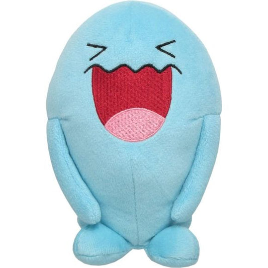 Wobbuffet is a tall, cyan Pokémon with a soft body. Its eyes usually appear scrunched, and it has a jagged upper lip. The female Wobbuffet has a red marking on its mouth that resembles lipstick, while the male does not. It has flat arms that are wider towards the tip and four stubby legs at the base of its body. There are two eyespots on its black tail. Wobbuffet is very protective of its tail, to the point where it will suddenly turn uncharacteristically aggressive if the tail is attacked.  Approx. Size: 4