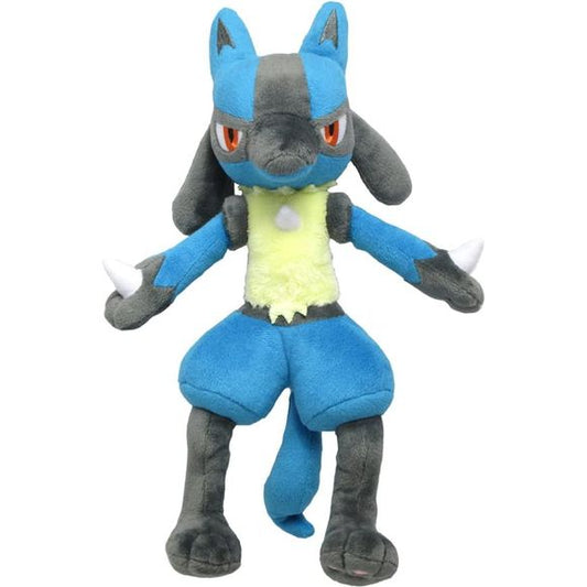 Lucario is a bipedal, canine-like Pokémon, with fur that is predominantly blue and black. It possesses a short, round spike on the back of each forepaw, in addition to a third on its chest. It has a long snout and ears. When its mouth is open, it has two pairs of pointed teeth, one in the upper jaw and one in the lower. It possesses cream-colored fur on its torso, and blue fur on its thighs that resembles shorts. It has a medium length tail of the same blue color as well. It stands on its toes rather than o