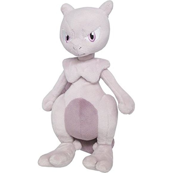 Mewtwo is a Pokémon created by science. It is a bipedal, humanoid creature with some feline features. It is primarily gray with a long, purple tail. On top of its head are two short, blunt horns, and it has purple eyes. A tube extends from the back of its skull to the top of its spine, bypassing its neck. It has a defined chest and shoulders, which resemble a breastplate. The three digits on each hand and foot have spherical tips. Its tail is thick at the base, but thins before ending in a small bulb. Appro