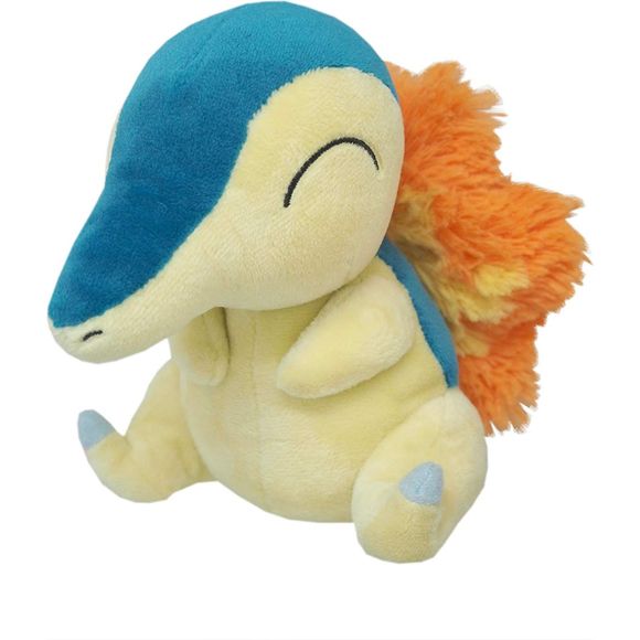 Cyndaquil is a small, bipedal Pokémon with bluish fur on top of its body, and a milky color on the underside. Cyndaquil seems to be a composite of features from the echidna and the shrew. The echidna features are the flames from its back, while its general body shape is shrew-like. Its eyes are often closed and it has a long, thin snout. It lacks claws on its forelimbs, but has a single claw on each hind foot. Cyndaquil is usually timid by nature and often curls into a ball when intimidated. It has four red