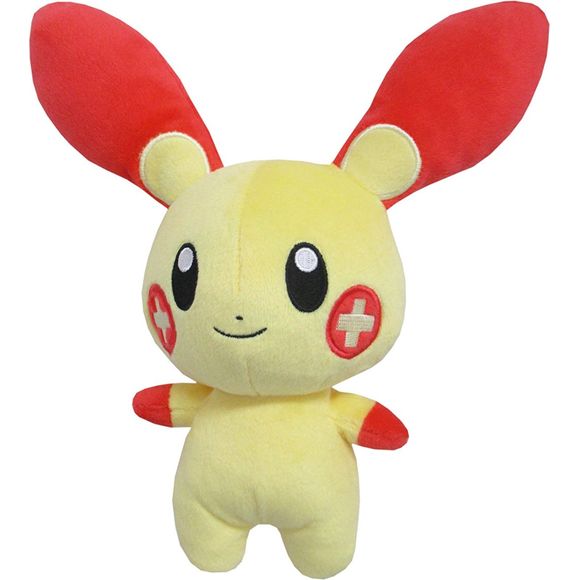 Plusle is cream-colored bipedal Pokémon with red markings. It has a dot-like nose, and a cream-colored plus sign in the middle of its circular red cheeks. It has long, flat ears that are mostly red. Its limbs are stubby and digit less, and it has red front paws. Its short tail is tipped with a red plus sign.