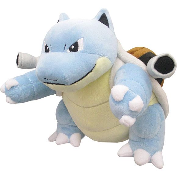 Blastoise is a large, bipedal turtle-like Pokémon. Its body is blue and is mostly hidden by its tough, brown shell. This shell has a pale yellow underside and a white ridge encircling its arms and separating the upper and lower halves. Two powerful water cannons reside in the top sides of its shell. These cannons can be extended or withdrawn and can be used to assist in high-speed charges. Blastoise's head has triangular ears that are black on the inside, small brown eyes, and a cream-colored lower jaw. Its