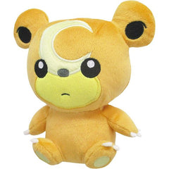 Teddiursa is a bipedal, ursine Pokémon covered in short, orange-brown fur. Its muzzle is light tan with a small black nose and black eyes. There is a slightly paler tan crescent marking on its face, and it has round ears. It has three claws on its forepaws as well as two claws and yellow paw pads on its hind paws. Its tail is short, round, and puffy. Approx. Size: 5"L x 3"W x 6"H