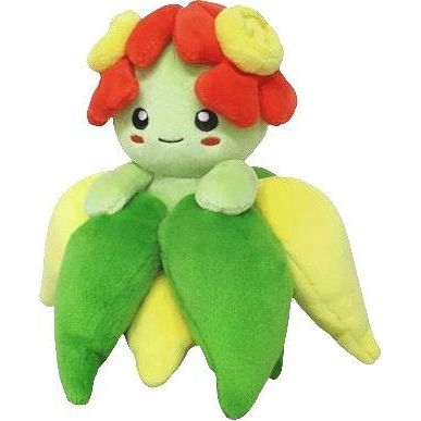 Bellossom is a primarily green Pokémon with circular blue eyes and red markings on its cheeks. It has two bright red flowers on its head and green and yellow leaves around its waist that resemble a skirt, all adding to the appearance of a hula dancer. Approx. Size: 6.5"L x 6.5"W x 6.5"H