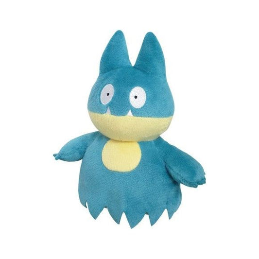 Munchlax is a teal Pokémon with a cream spot on its chest. Its round head is teal in the top half and cream on the bottom half. It has big, round eyes and large pointy ears. It has five-fingered hands and cream feet with three clawed toes.  Approx. Size: 5"L x 4"W x 7"H.