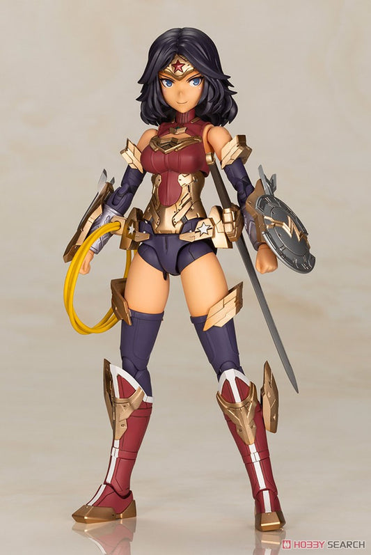 One of The Big Three of DC COMICS, Wonder Woman returns as a plastic model kit based on a new original illustration by the beloved Fumikane Shimada!

Three face parts are included (normal front-facing, normal left-facing, and yelling).
Sword, shield, the Lasso of Truth, various armor parts, shield effect parts, and a simple base are included in this kit. 
Each joint has a wide range of flexibility to allow for diverse posing such as crossing the arms like in the comics. 

*This product is a plastic mo