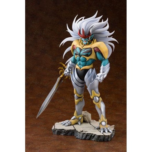 Hadlar, the greatest nemesis of the Disciples of Avan from DRAGON QUEST THE ADVENTURE OF DAI is joining the ARTFX J series! This elaborately sculpted figure recreates his powerful body with his Sword of Champions fixed to his right arm as he prepares to use his Dark Fire Energy to unleash an Ultra Combustion Slash. At over 350mm, the figure’s size is the largest in the series, and his long, flowing hair gives him an imposing, powerful aura that will not be outshined even when displayed next to the four Disc