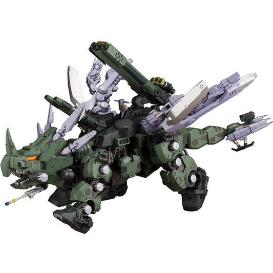 The Green Horn AB now joins the "HMM (Highend Master Model) Zoids" model-kit lineup from Kotobukiya! Additional newly molded parts include the attack booster and more, and this kit carefully reproduces the Green Horn AB's appearance int he anime. The anti-charged particle shield generator on its head is part of the newly molded parts in this kit; the tail tip block is a new design that eliminates the gunner cockpit. In addition to the infrared laser searcher, it can be equipped with a new square-shaped beam