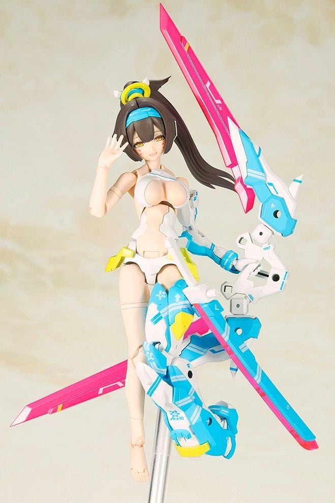 Megami Device Asura Archer returns in a stunning new color scheme! Her Machinika body is highly posable, and she can be enjoyed barefoot and bare-handed with parts replacement; she has a new hairstyle too, which is interchangeable with her original hairstyle. She has 3 prepainted faceplates, 5 sets of hands, and she comes with her bow and sword (with a clear pink blade). In addition, she can also use weapons and armor from Kotobukiya's M.S.G., Frame Arms and Frame Arms Girls series! A set of decals is also