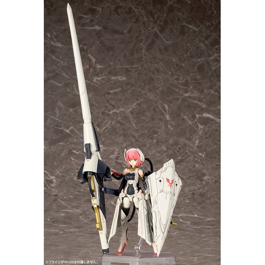 Continuing the Megami Device Bullet Knights lineup is Bullet Knights Lancer! With her huge lance and shield, she's impossible to miss; her lance can also become a flying mecha-bike for her to ride on! Extra stands are included to support her weapons. She has 3 flexible mechanical tentacles attached to the back of her head, along with 3 interchangeable facial expressions. She can be enjoyed in her mechanical-knight form, or just as a highly posable figure of a cute girl, and her 3mm ports make it possible fo